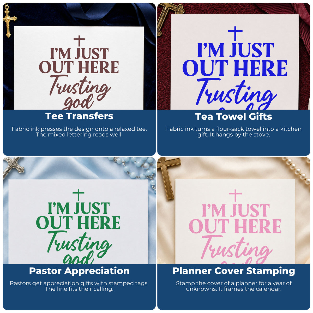 Four ways to use the I'm Just Out Here Trusting God Wood Handle Stamp: tee transfers, tea towel gifts, pastor appreciation and planner cover stamping.