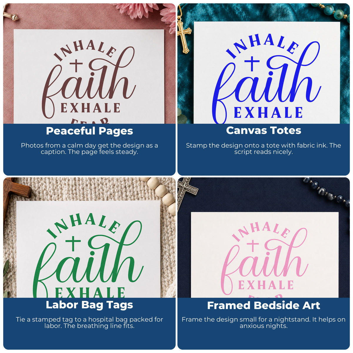 Four ways to use the Inhale Faith Exhale Fear Stamp – Self-Inking: peaceful pages, canvas totes, labor bag tags and framed bedside art.