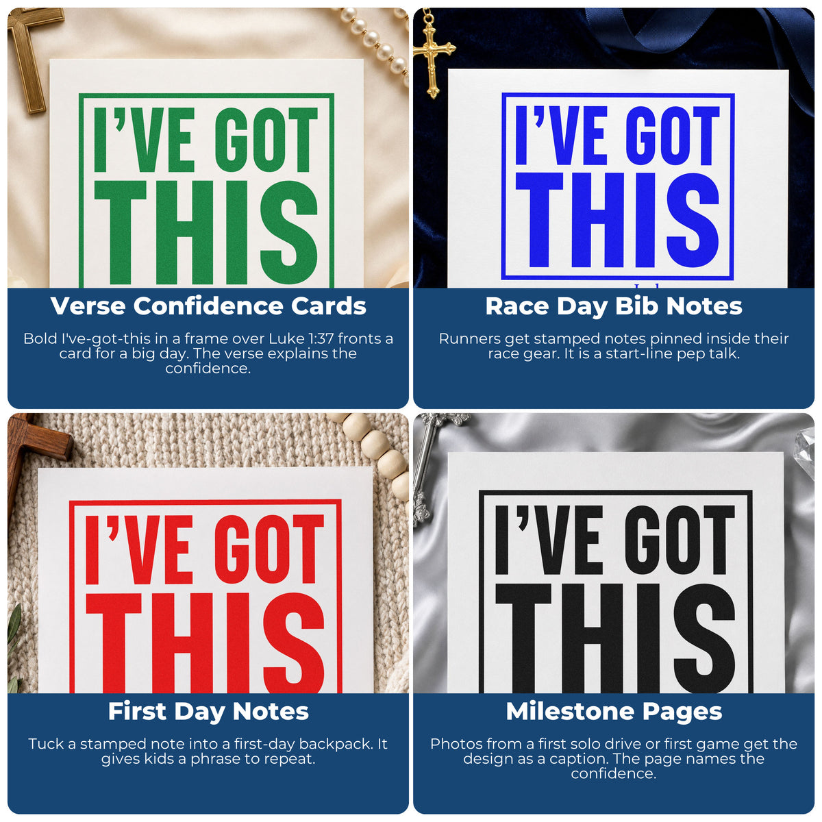 Four ways to use the I've Got This Frame Accent Craft Stamp – Self-Inking: verse confidence cards, race day bib notes, first day notes and milestone pages.