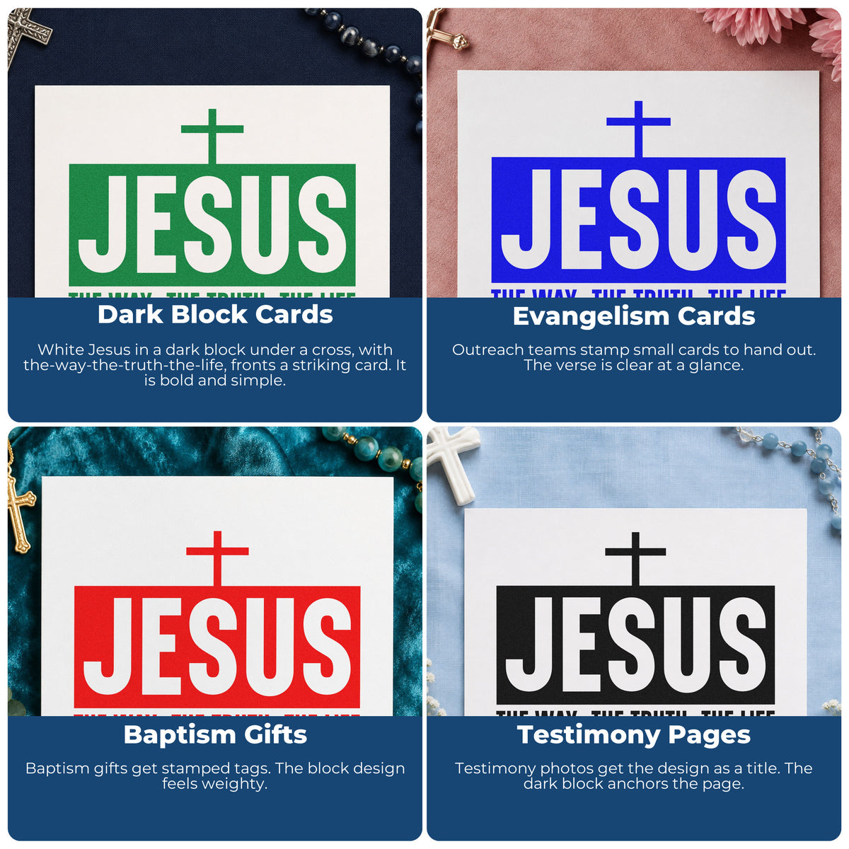 Four ways to use the PSI Pre-Inked Jesus The Way Truth Life With Cross Stamp: dark block cards, evangelism cards, baptism gifts and testimony pages.