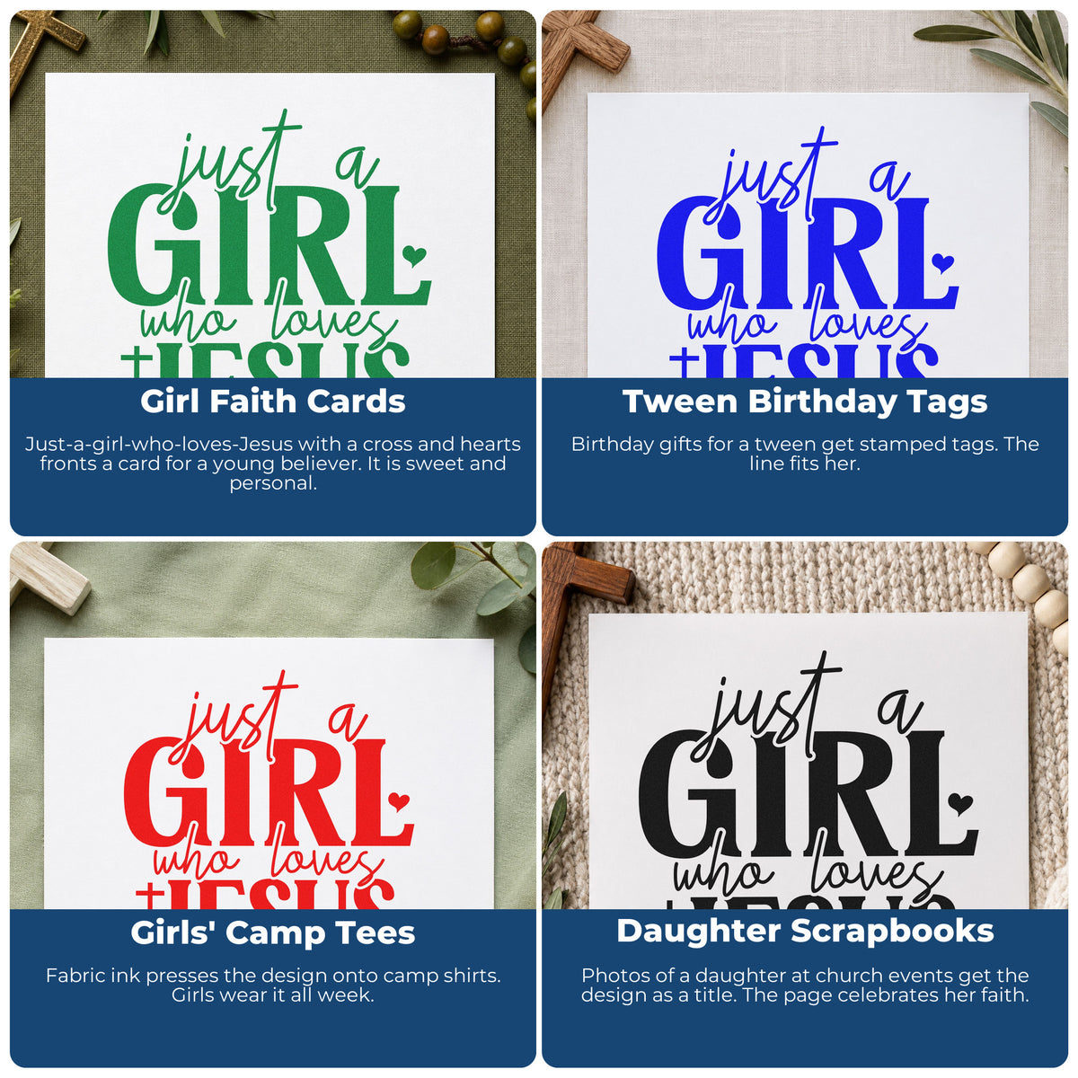 Four ways to use the Just A Girl Who Loves Jesus Premium Wooden Stamp - Vintage Pro: girl faith cards, tween birthday tags, girls' camp tees and daughter scrapbooks.