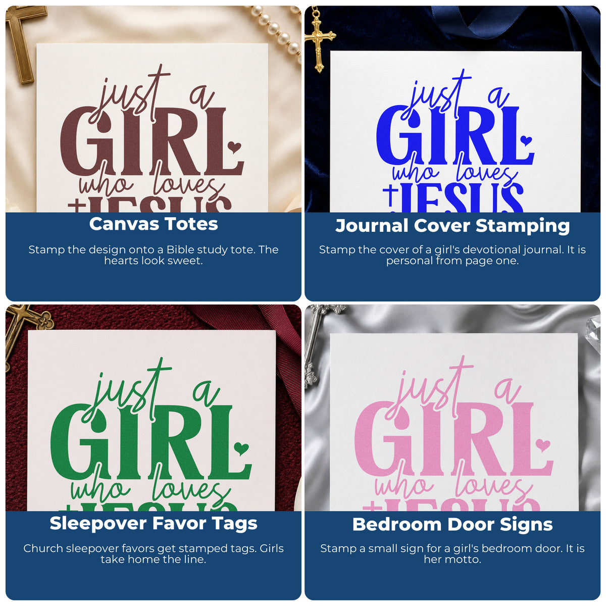 Four ways to use the Just A Girl Who Loves Jesus Pre-Inked Stamp – PSI: canvas totes, journal cover stamping, sleepover favor tags and bedroom door signs.