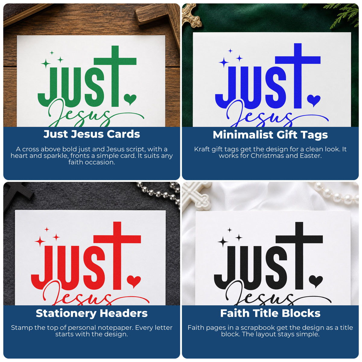 Four ways to use the Just Jesus With Cross Premium Wooden Stamp - Vintage Pro: just jesus cards, minimalist gift tags, stationery headers and faith title blocks.