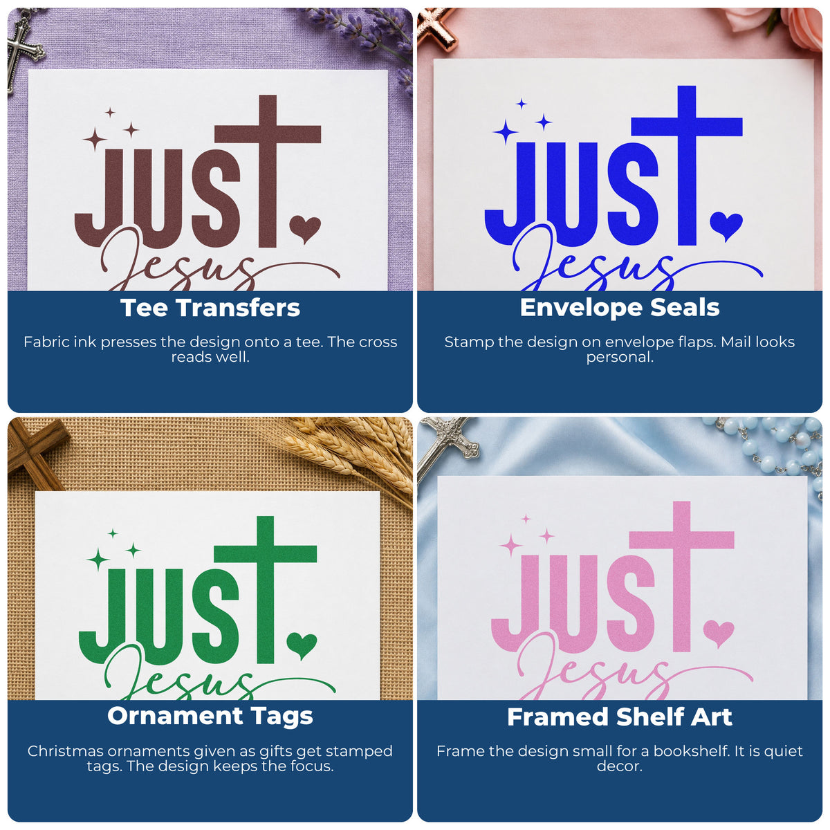 Four ways to use the Just Jesus With Cross Stamp – Self-Inking: tee transfers, envelope seals, ornament tags and framed shelf art.