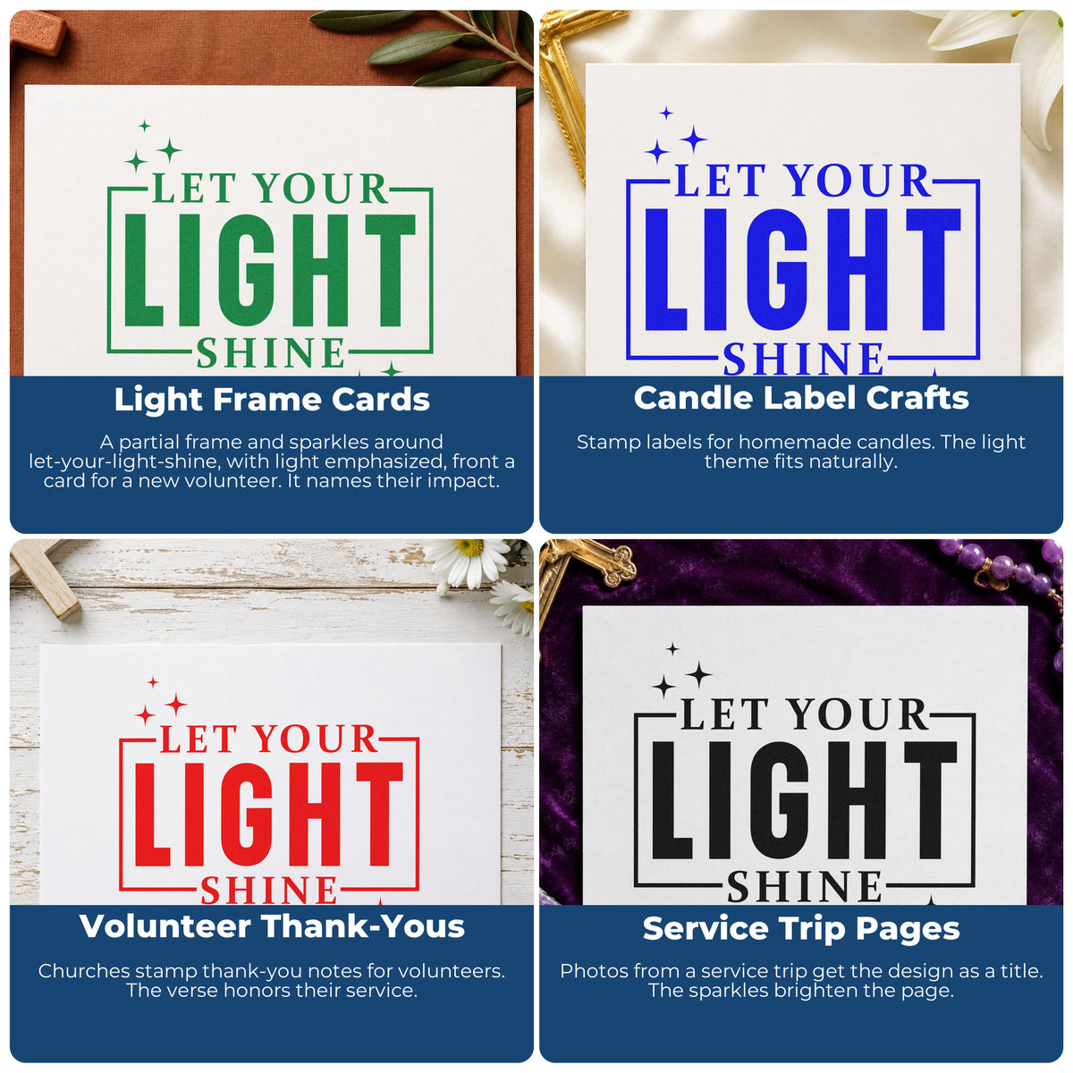 Four ways to use the Let Your Light Shine Stamp – Duo Hand: light frame cards, candle label crafts, volunteer thank-yous and service trip pages.