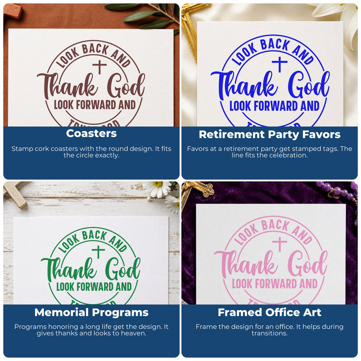 Four ways to use the Thank And Trust God Circle Premium Wooden Stamp - Vintage Pro: coasters, retirement party favors, memorial programs and framed office art.