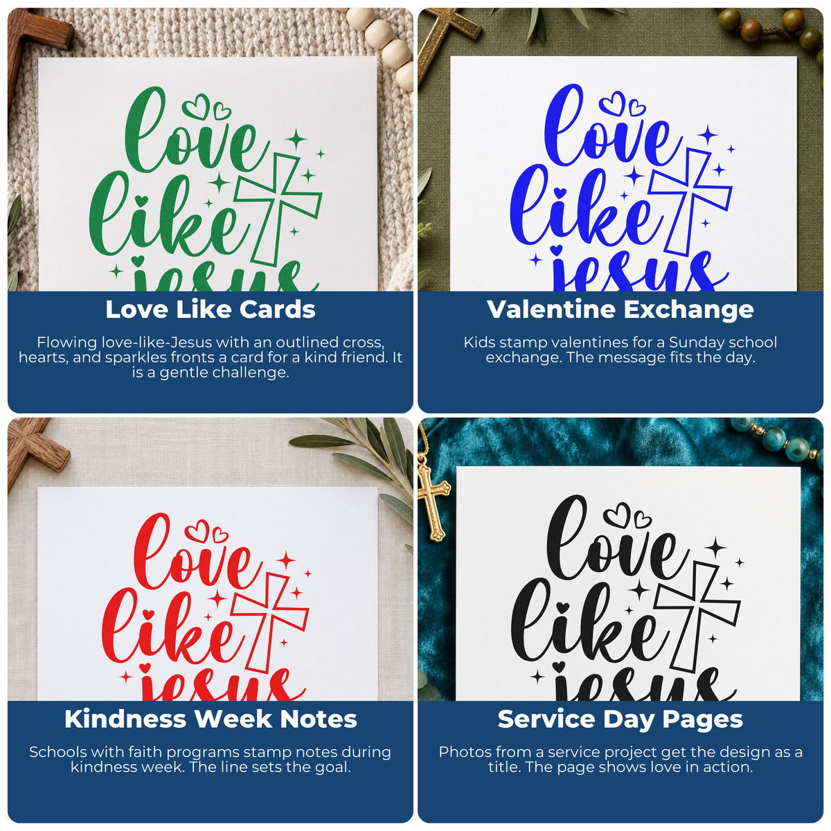 Four ways to use the Love Like Jesus Slim Pre-Inked Stamp: love like cards, valentine exchange, kindness week notes and service day pages.