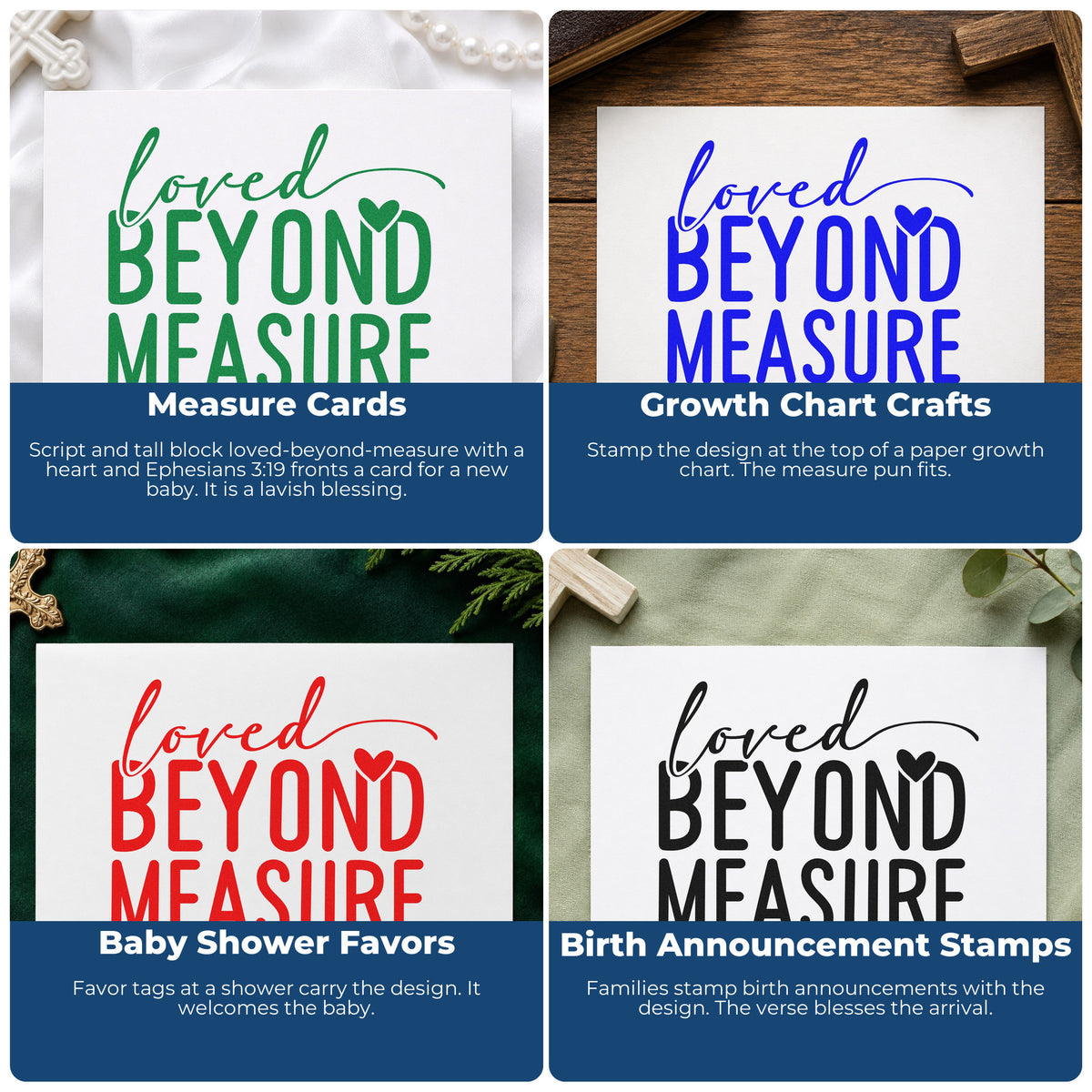 Four ways to use the Loved Beyond Measure With Hearts Premium Wooden Stamp - Vintage Pro: measure cards, growth chart crafts, baby shower favors and birth announcement stamps.