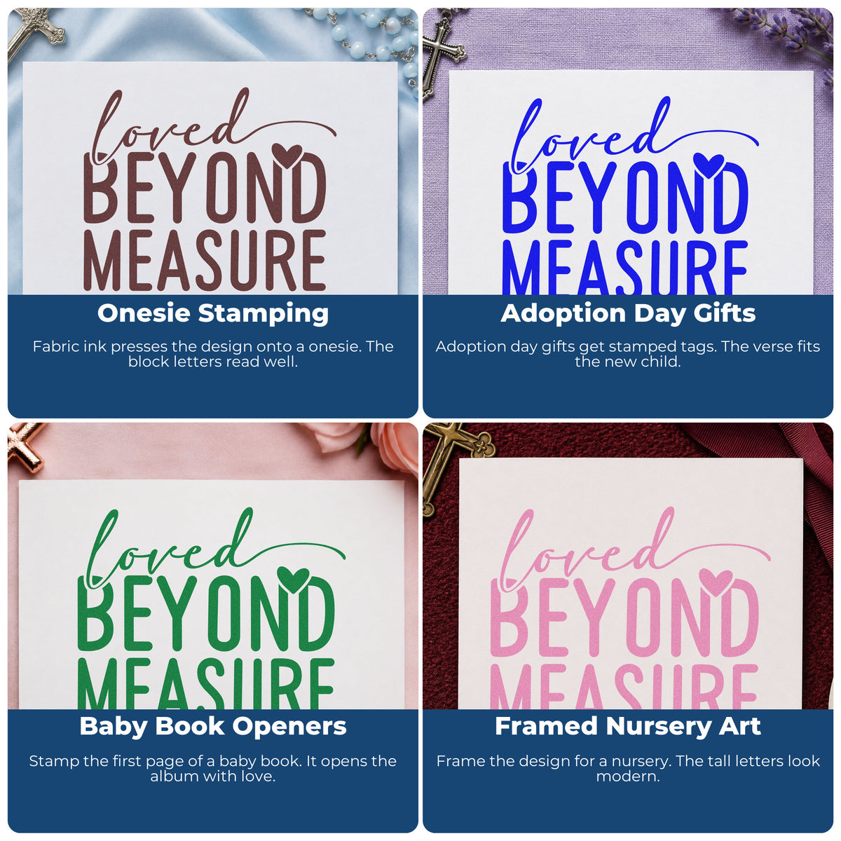 Four ways to use the Loved Beyond Measure With Hearts Wood Handle Stamp: onesie stamping, adoption day gifts, baby book openers and framed nursery art.