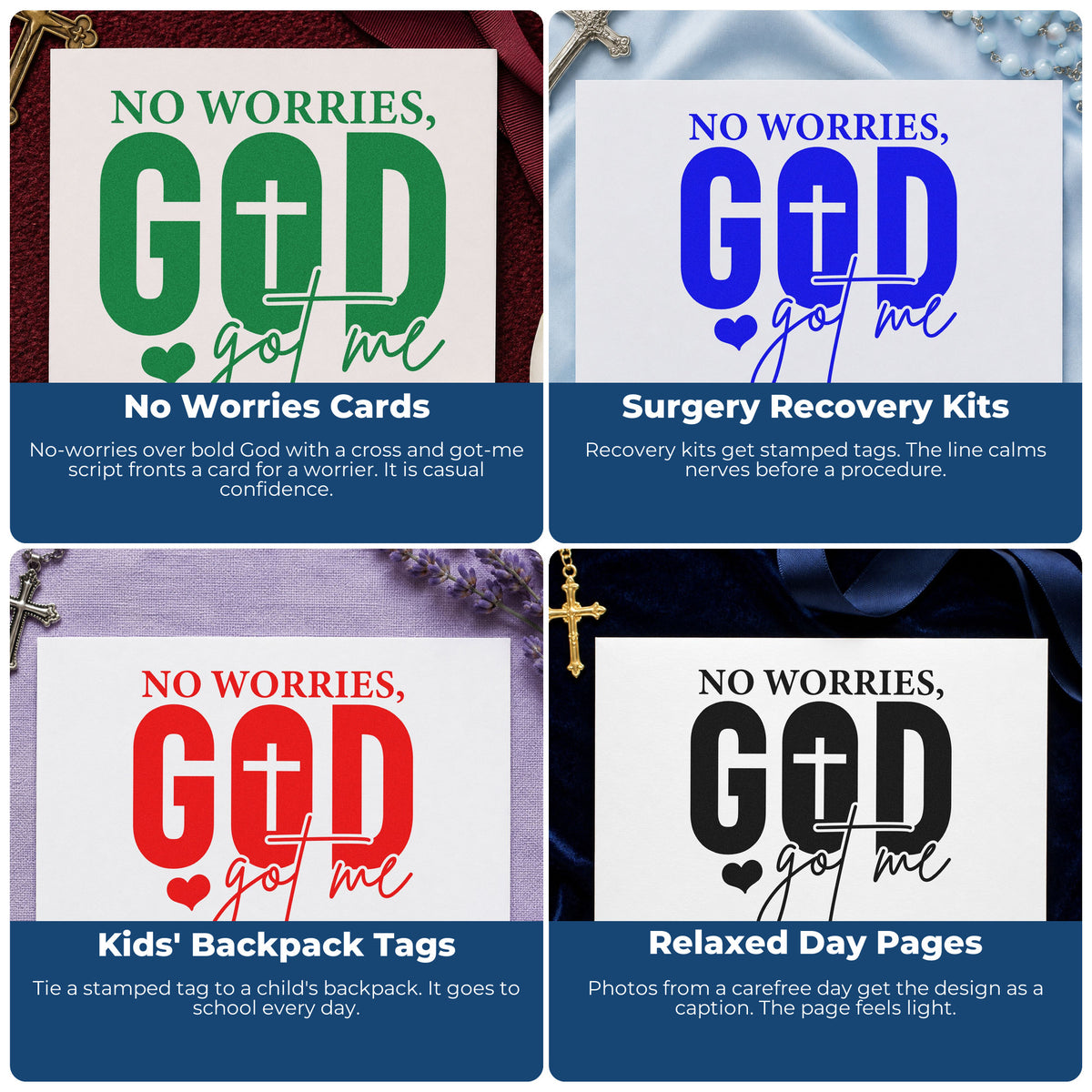Four ways to use the No Worries God Got Me Premium Wood-Mounted Stamp - Vintage Pro: no worries cards, surgery recovery kits, kids' backpack tags and relaxed day pages.