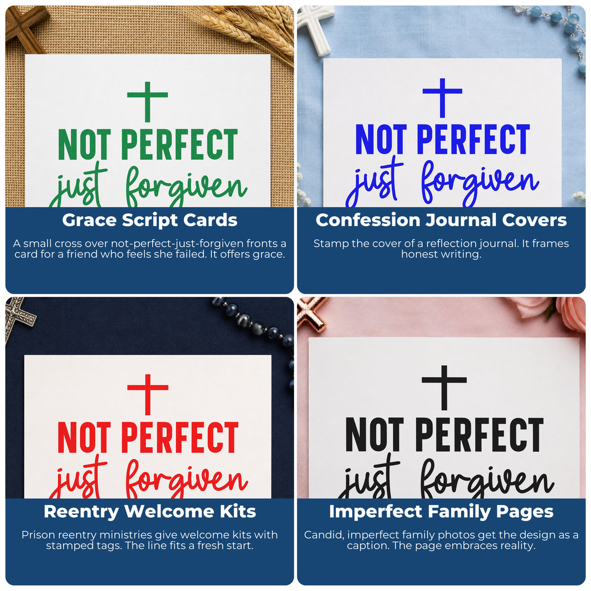 Four ways to use the Not Perfect, Just Forgiven With Cross Wood-Mounted Rubber Stamp: grace script cards, confession journal covers, reentry welcome kits and imperfect family pages.