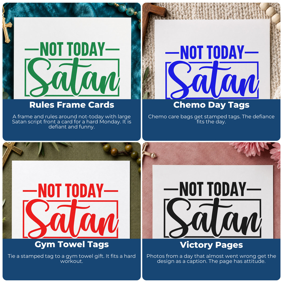 Four ways to use the Not Today Satan Slim Pre-Inked Stamp: rules frame cards, chemo day tags, gym towel tags and victory pages.