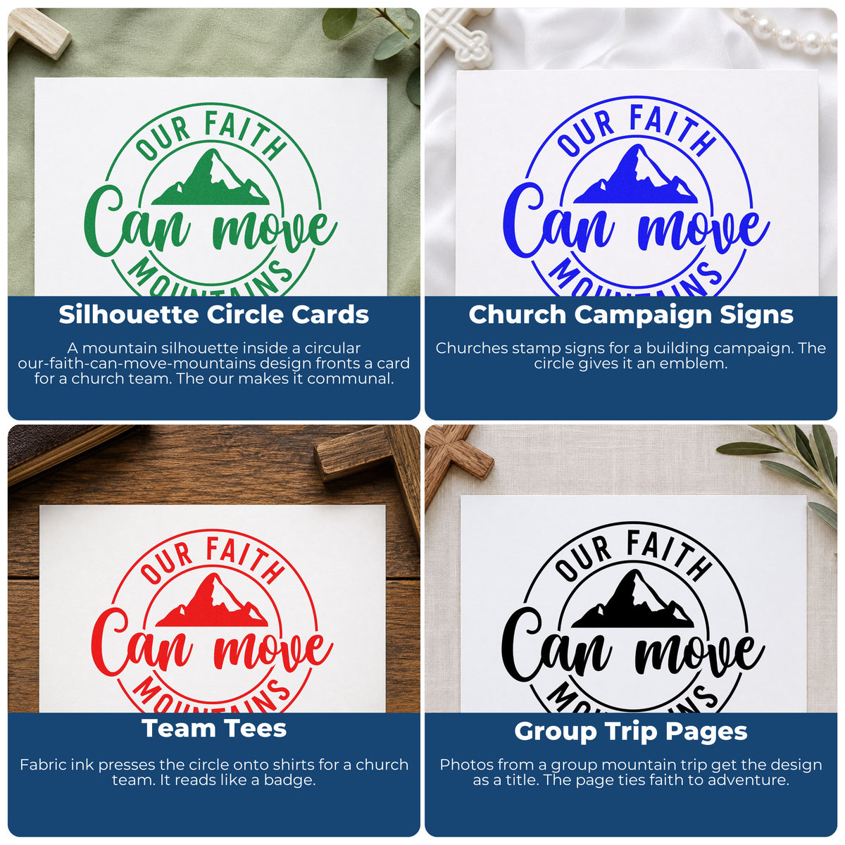 Four ways to use the Our Faith Can Move Mountains Circular Layout Pre-Inked Stamp – Slim: silhouette circle cards, church campaign signs, team tees and group trip pages.