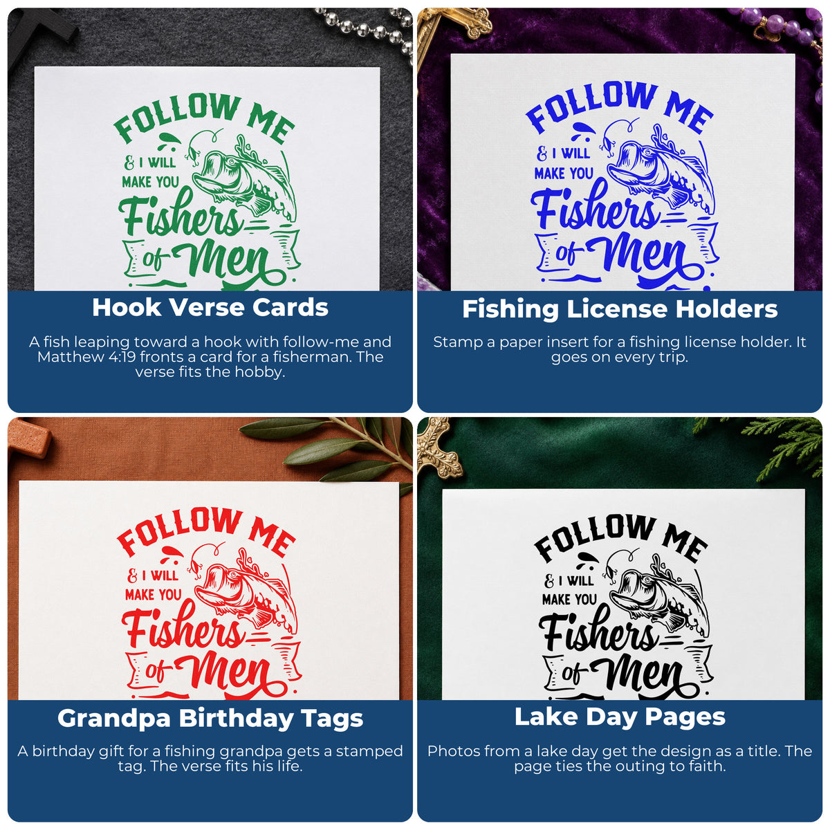 Four ways to use the Follow Me & I Will Make You Fishers Of Men Leaping Fish Stamp – PSI Pre-Inked: hook verse cards, fishing license holders, grandpa birthday tags and lake day pages.