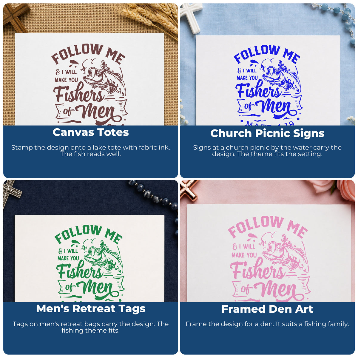 Four ways to use the Duo Hand Follow Me & I Will Make You Fishers Of Men Leaping Fish Rubber Stamp: canvas totes, church picnic signs, men's retreat tags and framed den art.