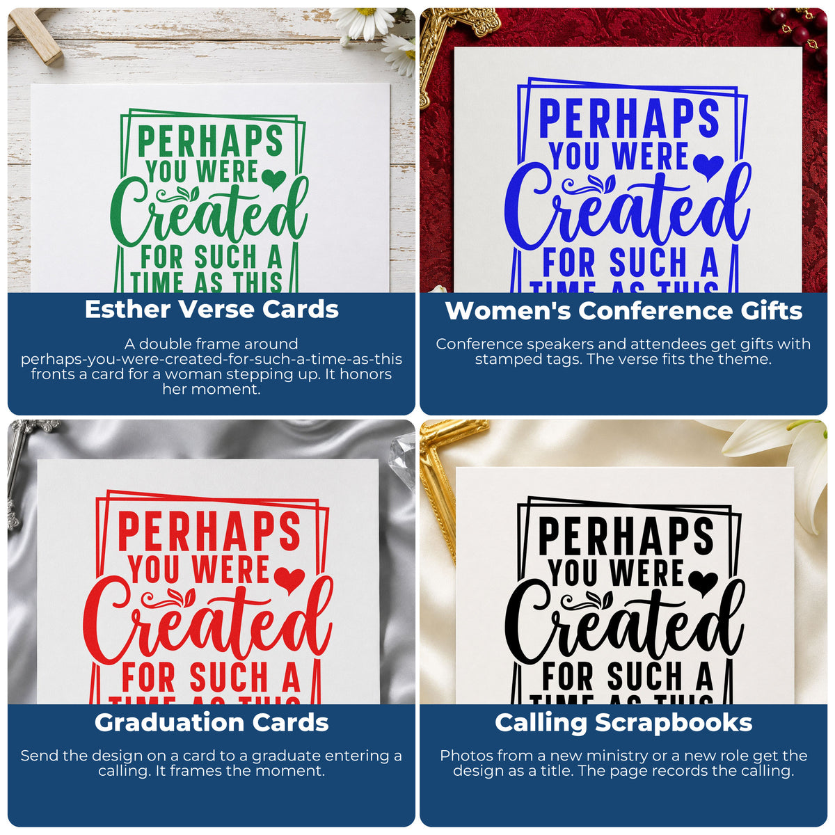 Four ways to use the Created For Such A Time PSI Pre-Inked Stamp: esther verse cards, women's conference gifts, graduation cards and calling scrapbooks.