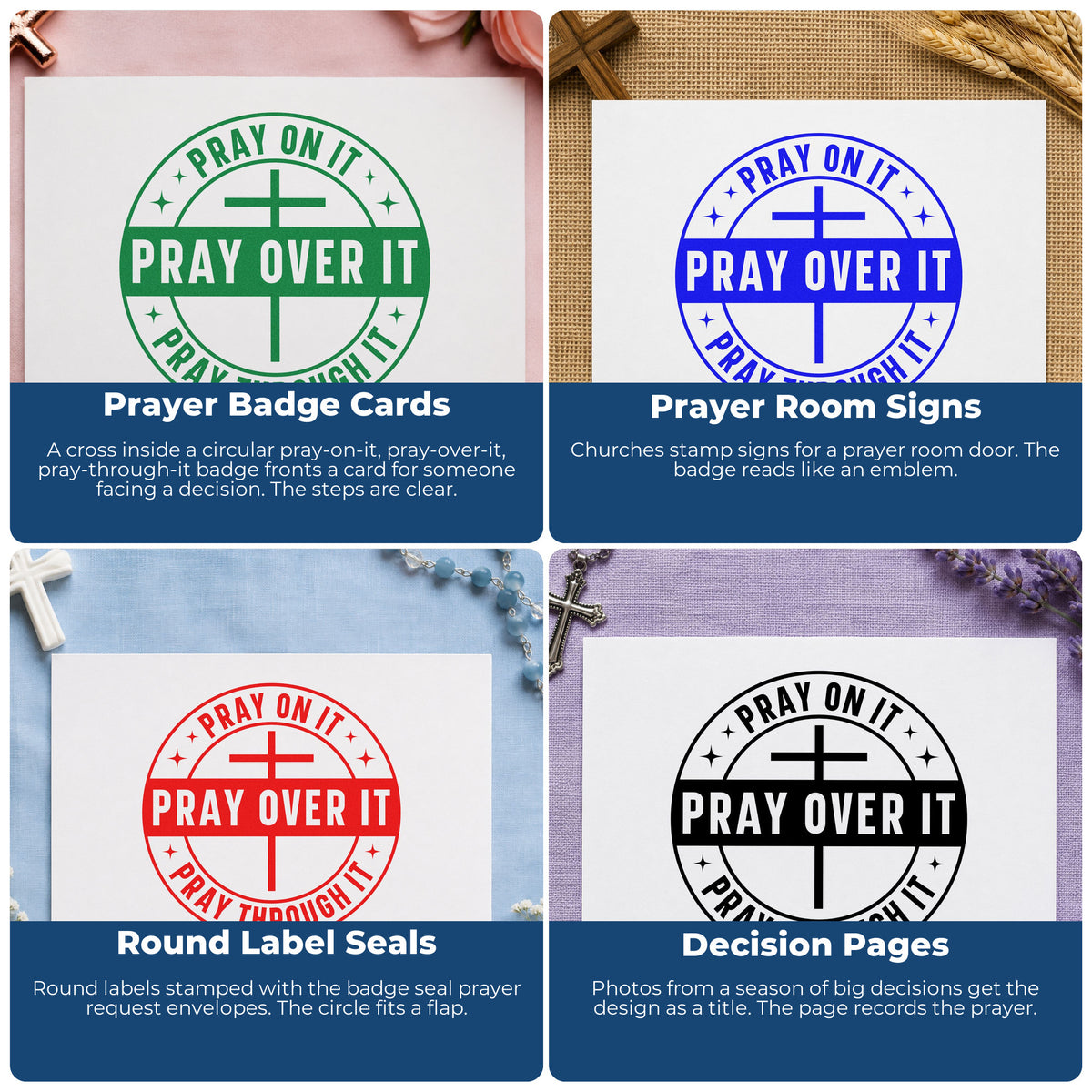 Four ways to use the Pray On It Badge Pre-Inked Stamp – Slim: prayer badge cards, prayer room signs, round label seals and decision pages.