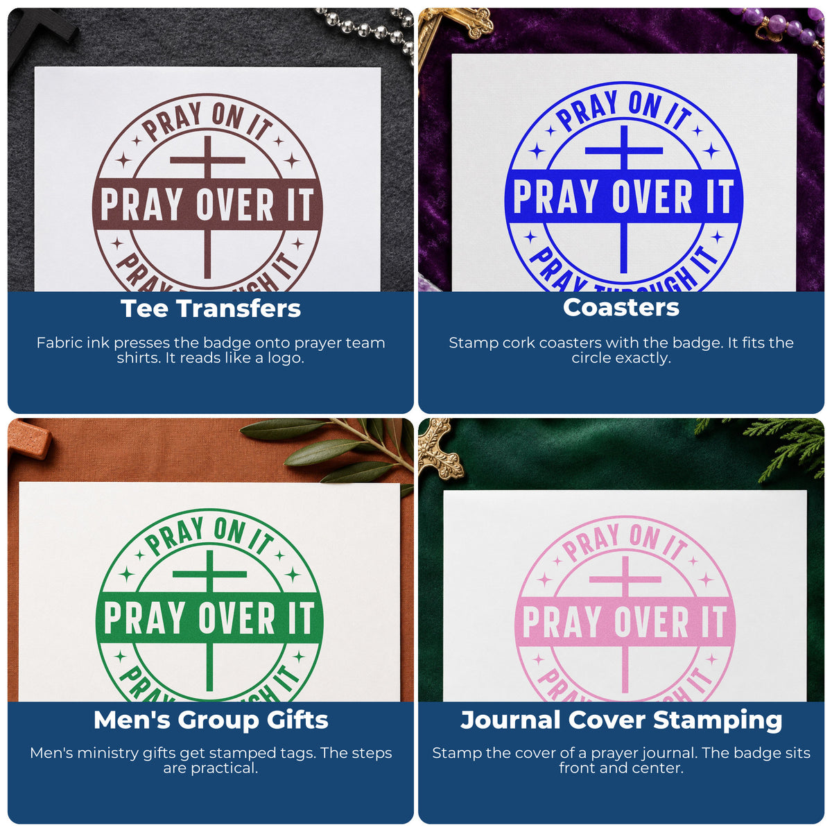 Four ways to use the Pray On It Badge Premium Wooden Stamp - Vintage Pro: tee transfers, coasters, men's group gifts and journal cover stamping.
