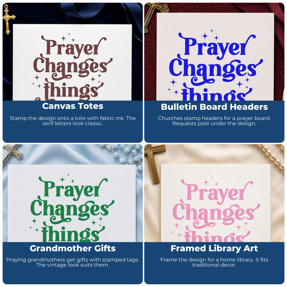 Four ways to use the Prayer Changes Things With Sparkles Stamp – Self-Inking: canvas totes, bulletin board headers, grandmother gifts and framed library art.