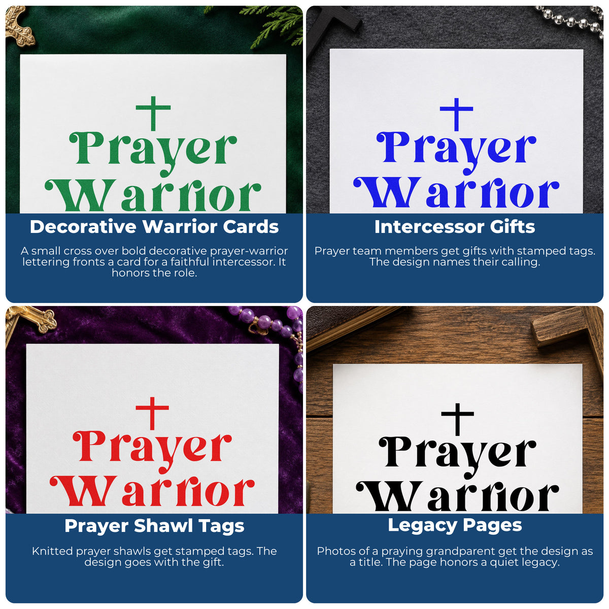 Four ways to use the Prayer Warrior Cross Accent Pre-Inked Stamp – PSI: decorative warrior cards, intercessor gifts, prayer shawl tags and legacy pages.