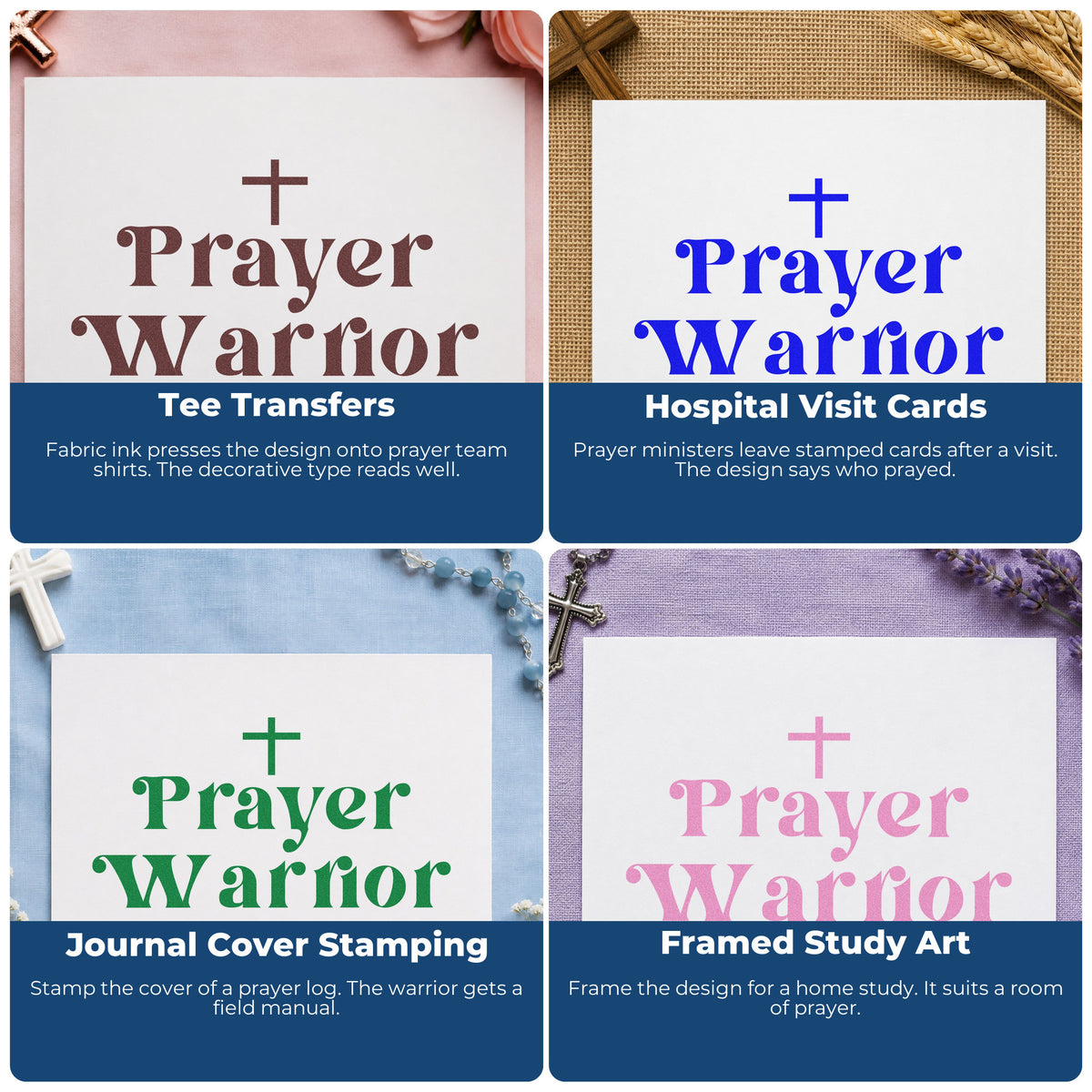 Four ways to use the Prayer Warrior Cross Accent Rubber Stamp – Duo Hand: tee transfers, hospital visit cards, journal cover stamping and framed study art.