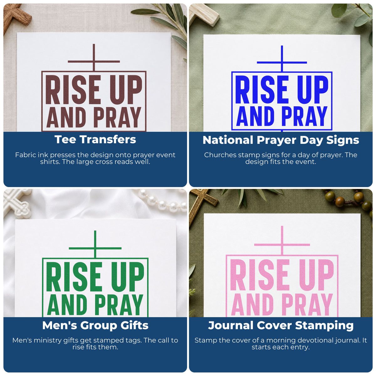 Four ways to use the Rise Up And Pray Stamp – Duo Hand: tee transfers, national prayer day signs, men's group gifts and journal cover stamping.