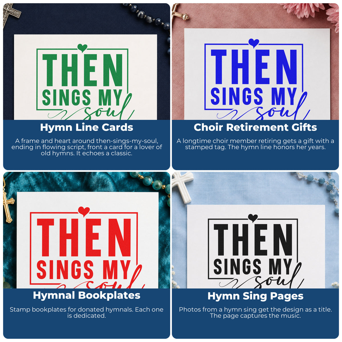 Four ways to use the Duo Hand Then Sings My Soul Rubber Stamp: hymn line cards, choir retirement gifts, hymnal bookplates and hymn sing pages.