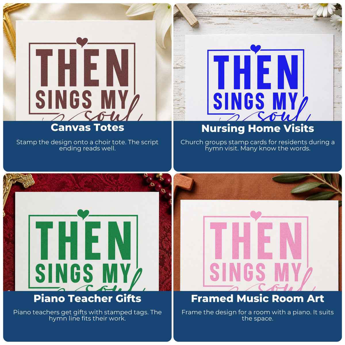 Four ways to use the Duo Hand Then Sings My Soul Rubber Stamp: canvas totes, nursing home visits, piano teacher gifts and framed music room art.