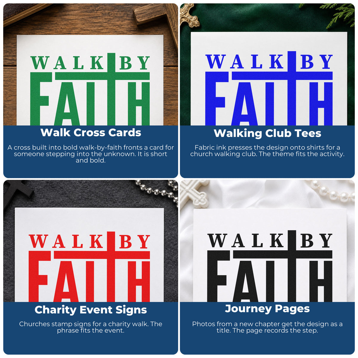 Four ways to use the Walk By Faith Pre-Inked Stamp – PSI: walk cross cards, walking club tees, charity event signs and journey pages.