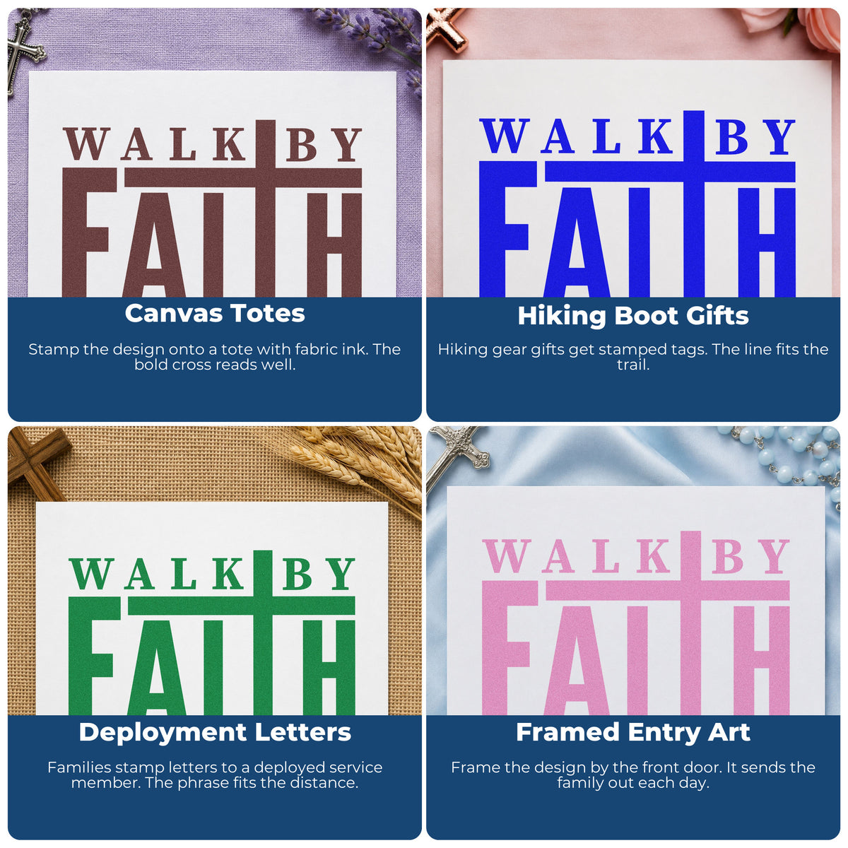 Four ways to use the Walk By Faith Slim Pre-Inked Stamp: canvas totes, hiking boot gifts, deployment letters and framed entry art.