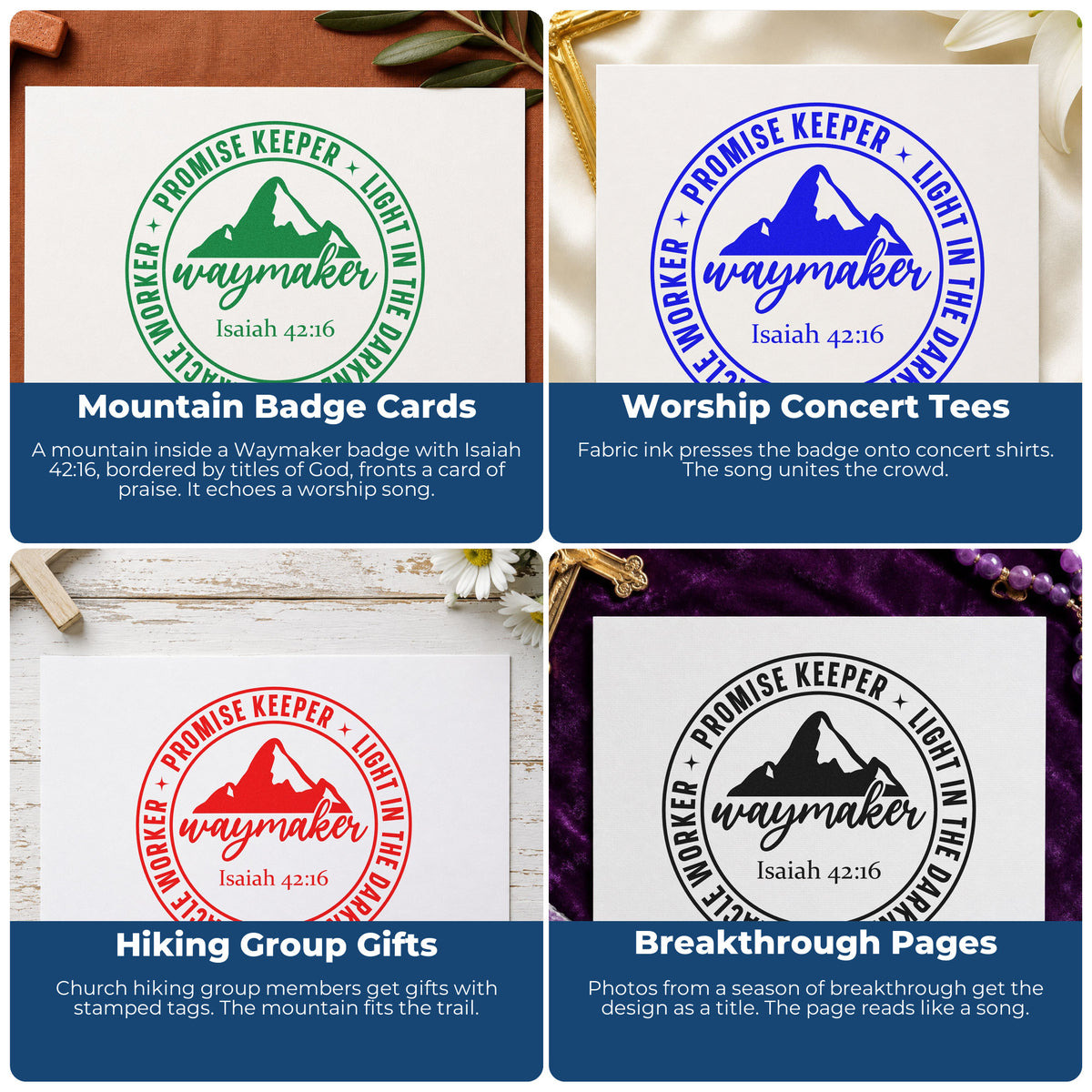 Four ways to use the Waymaker Mountain Emblem Hand Stamp – Duo: mountain badge cards, worship concert tees, hiking group gifts and breakthrough pages.