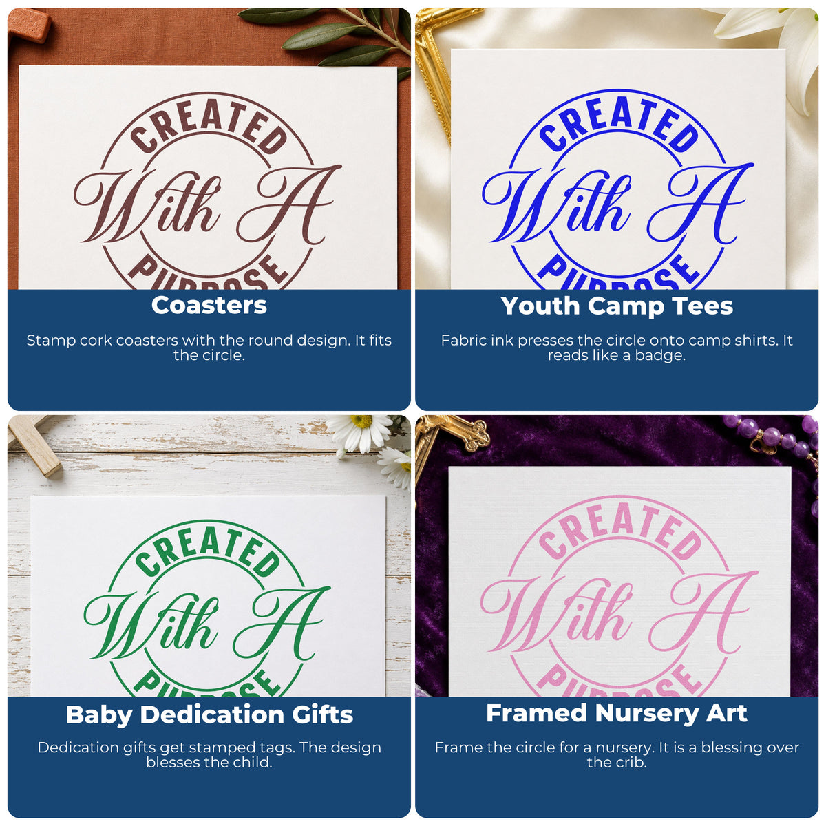 Four ways to use the Created With A Purpose Badge Self-Inking Craft Stamp: coasters, youth camp tees, baby dedication gifts and framed nursery art.