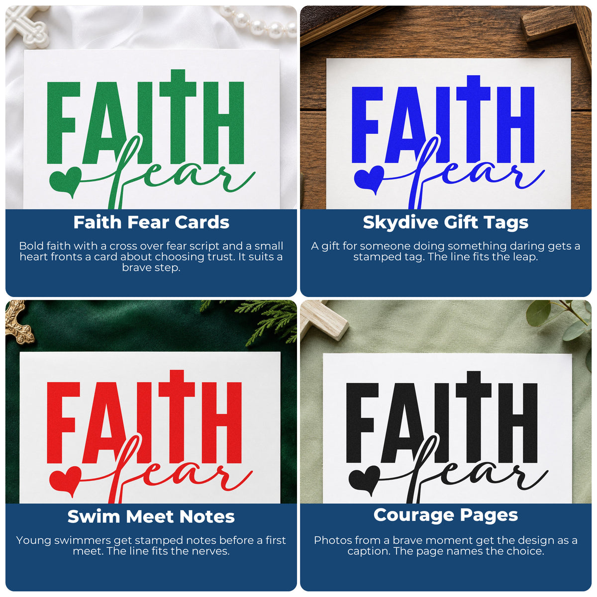 Four ways to use the Self-Inking Faith Over Fear Block Stamp: faith fear cards, skydive gift tags, swim meet notes and courage pages.