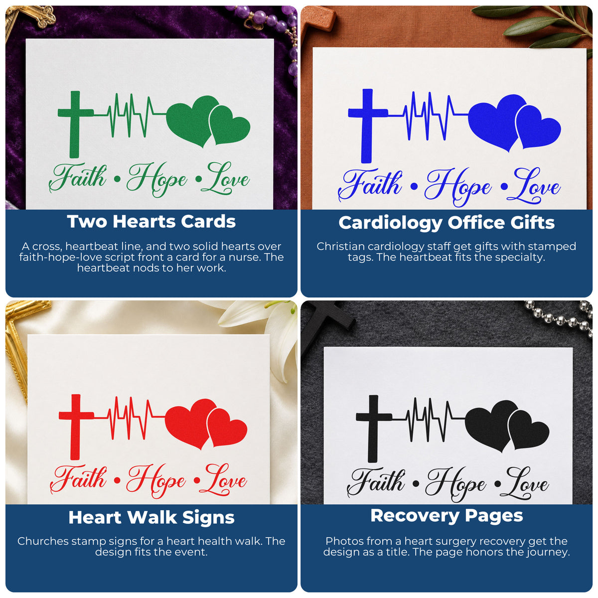 Four ways to use the Wood Handle Faith Hope Love Double Heart With Cross Rubber Stamp: two hearts cards, cardiology office gifts, heart walk signs and recovery pages.