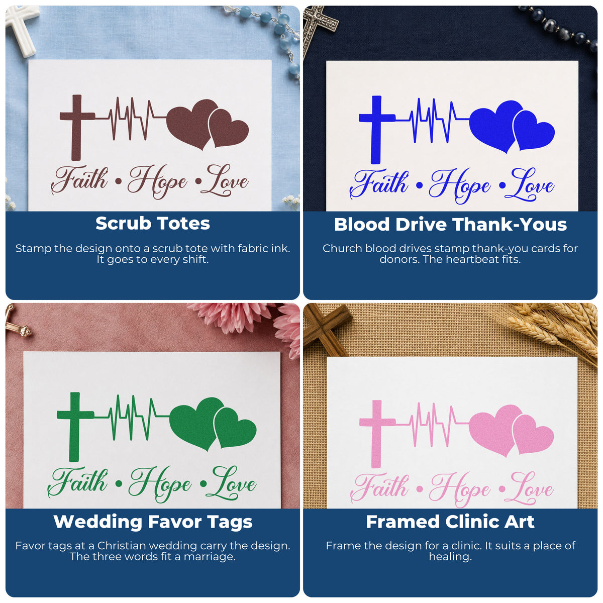 Four ways to use the Faith Hope Love Double Heart With Cross Pre-Inked Stamp – Slim: scrub totes, blood drive thank-yous, wedding favor tags and framed clinic art.