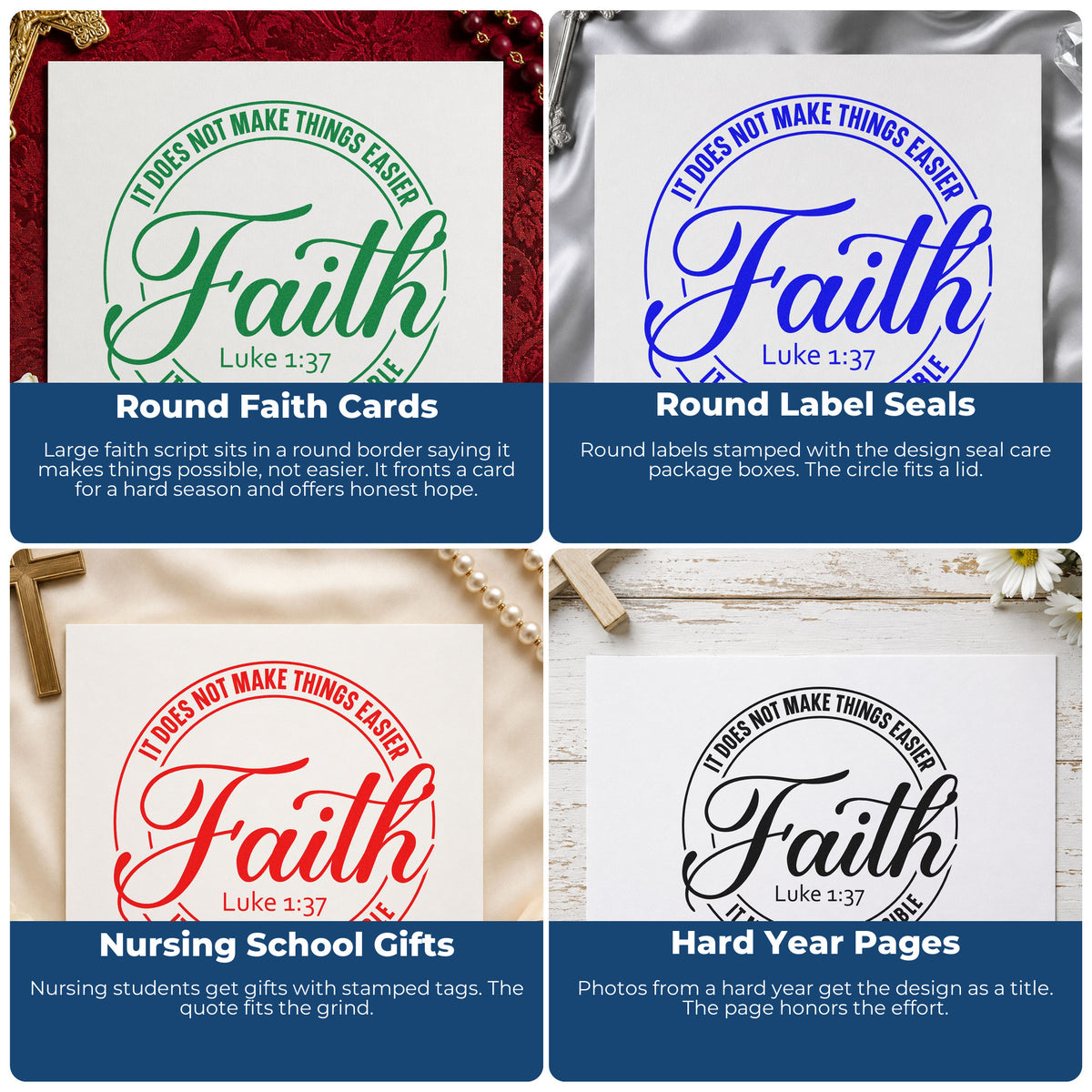Four ways to use the Faith Makes Possible Circle Wood Handle Stamp: round faith cards, round label seals, nursing school gifts and hard year pages.