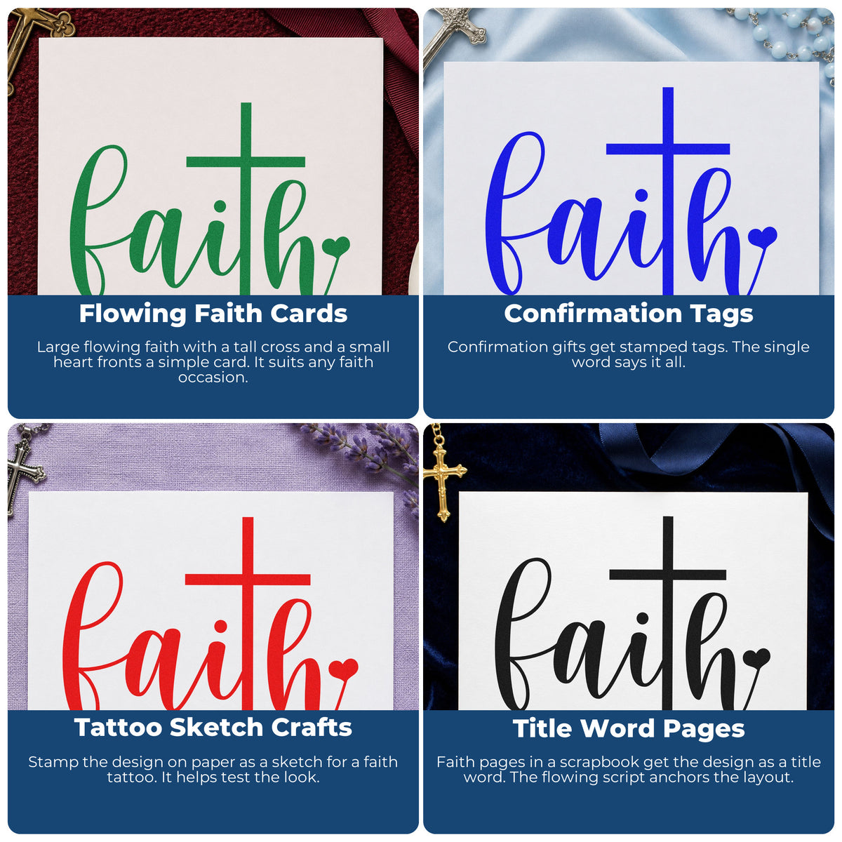 Four ways to use the Faith Script Cross Heart Lettering PSI Pre-Inked Stamp: flowing faith cards, confirmation tags, tattoo sketch crafts and title word pages.