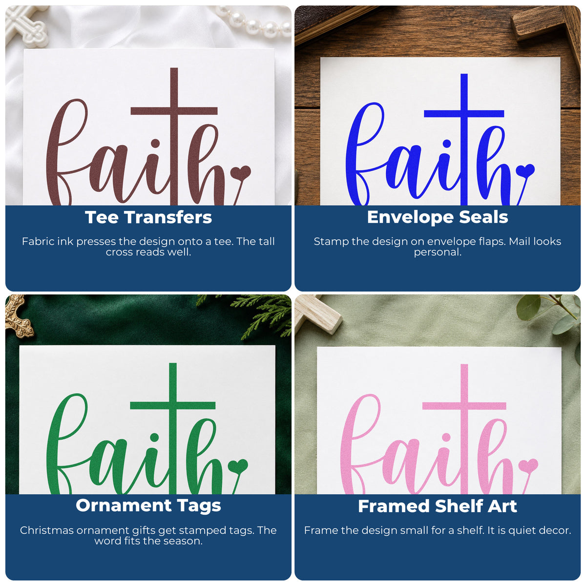 Four ways to use the Faith Script Cross Heart Lettering Stamp – Slim Pre-Inked: tee transfers, envelope seals, ornament tags and framed shelf art.