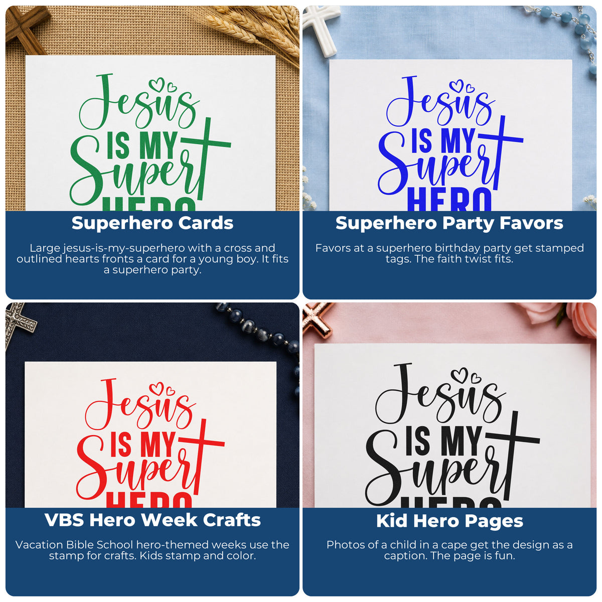 Four ways to use the Jesus Is My Superhero Premium Wooden Stamp - Vintage Pro: superhero cards, superhero party favors, vbs hero week crafts and kid hero pages.
