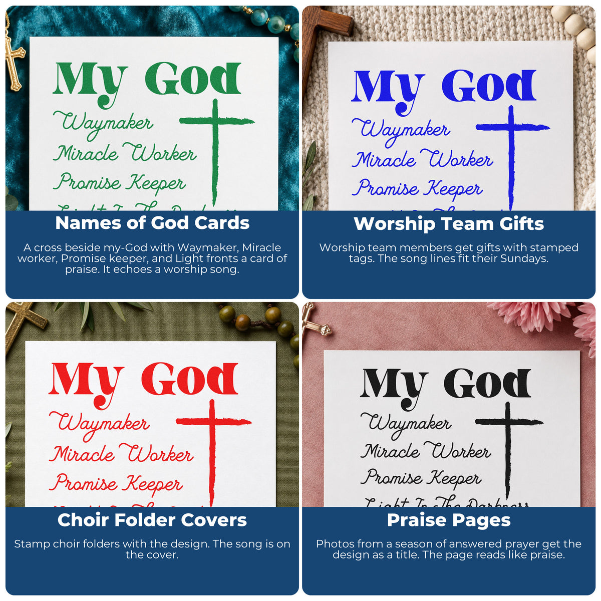 Four ways to use the My God Promise Keeper With Cross Craft Stamp – Self-Inking: names of god cards, worship team gifts, choir folder covers and praise pages.