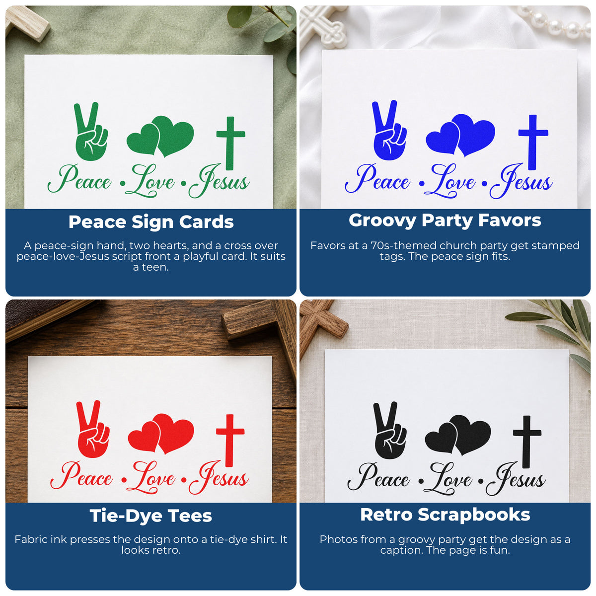 Four ways to use the Peace Love Jesus Self-Inking Stamp: peace sign cards, groovy party favors, tie-dye tees and retro scrapbooks.