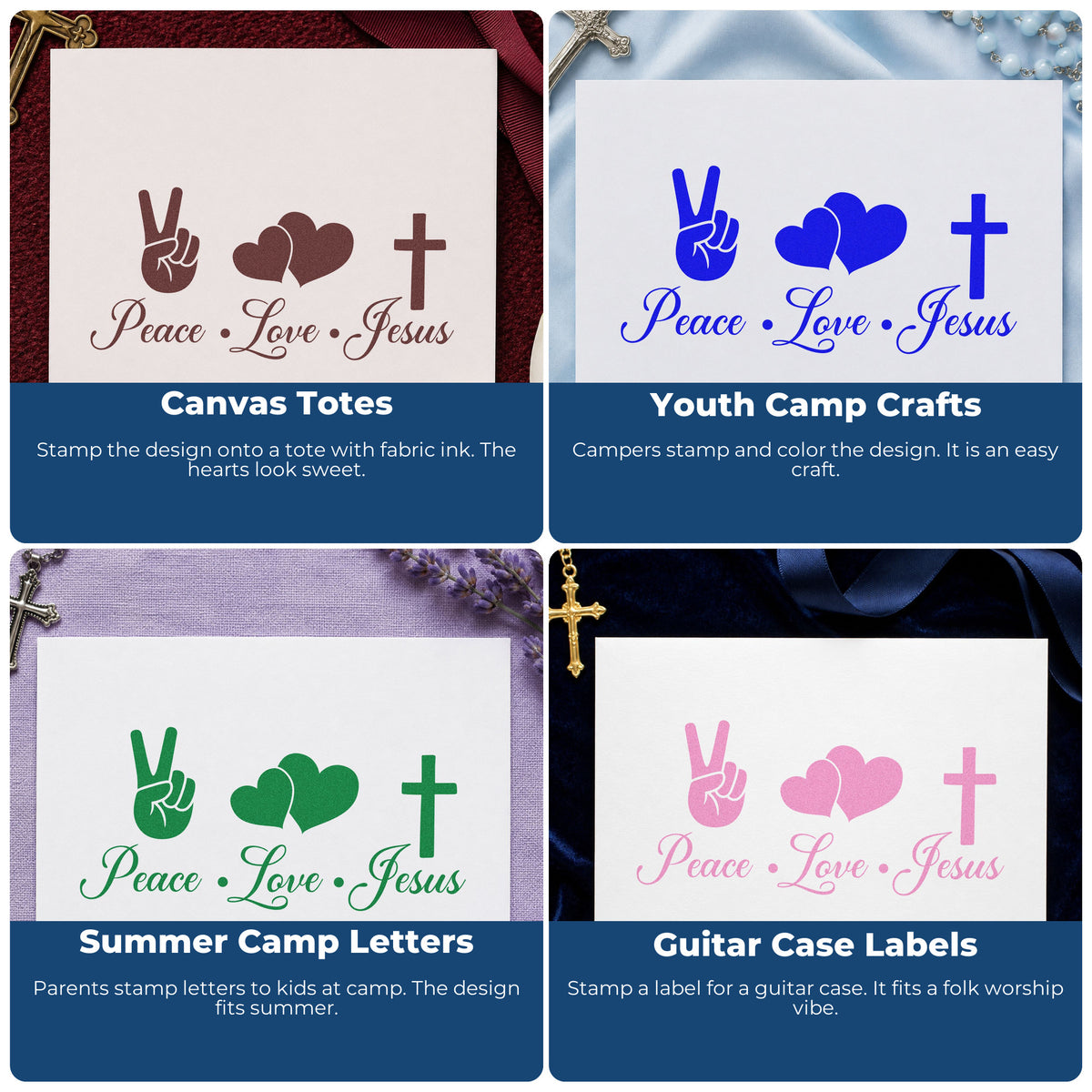 Four ways to use the Peace Love Jesus Stamp – Wood Handle: canvas totes, youth camp crafts, summer camp letters and guitar case labels.