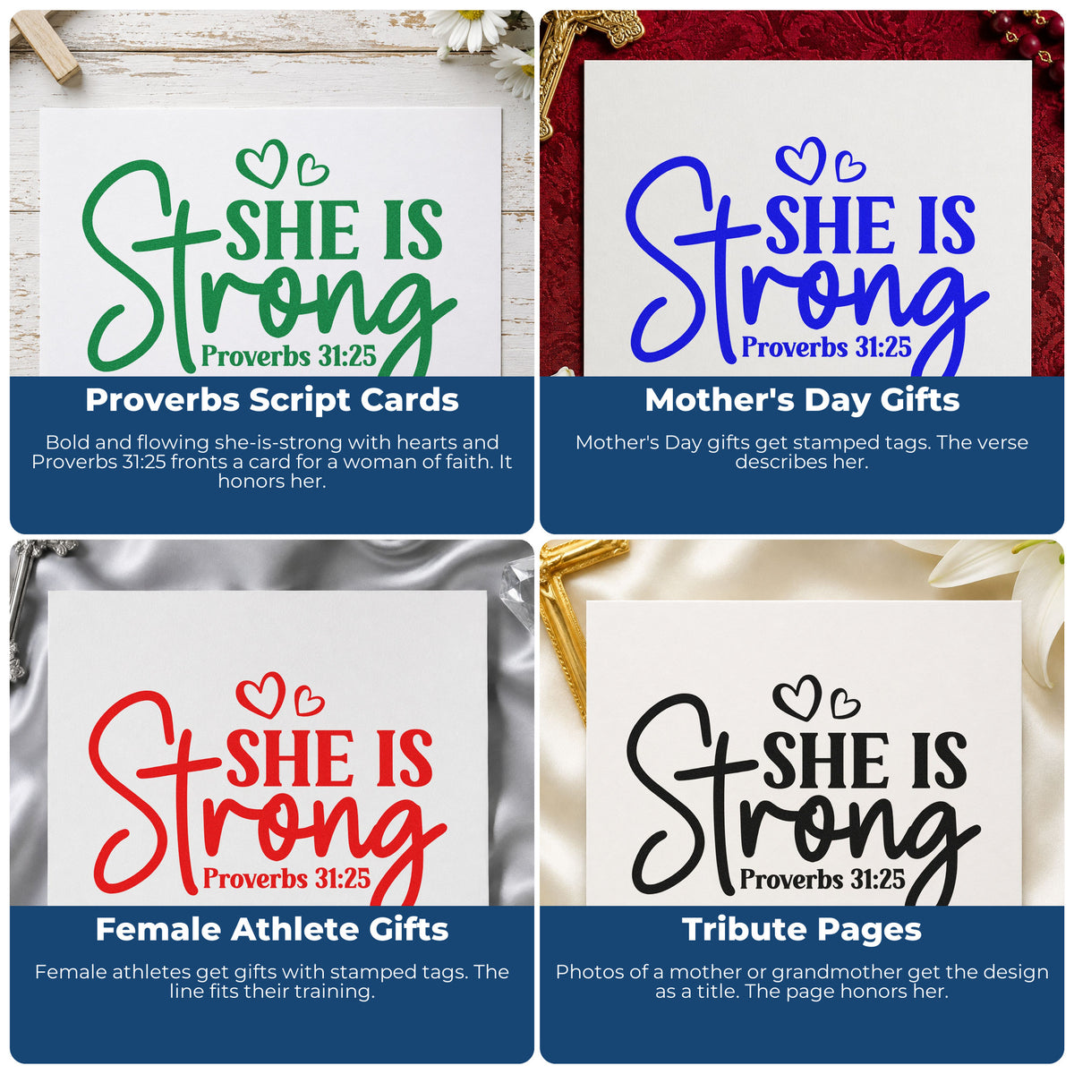 Four ways to use the She Is Strong Hearts Rubber Stamp – Duo Hand: proverbs script cards, mother's day gifts, female athlete gifts and tribute pages.