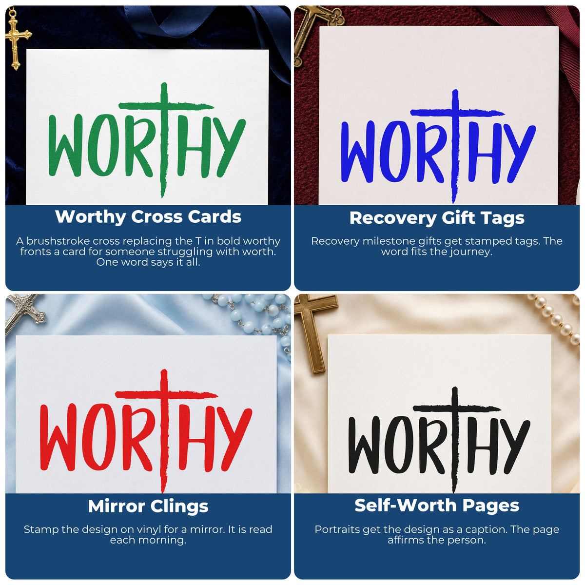 Four ways to use the Worthy Cross Lettering Stamp - Premium Vintage Pro Wooden: worthy cross cards, recovery gift tags, mirror clings and self-worth pages.