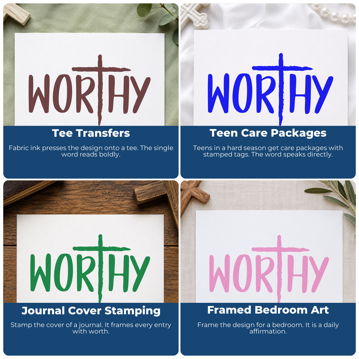 Four ways to use the Worthy Cross Lettering Stamp - Premium Vintage Pro Wooden: tee transfers, teen care packages, journal cover stamping and framed bedroom art.