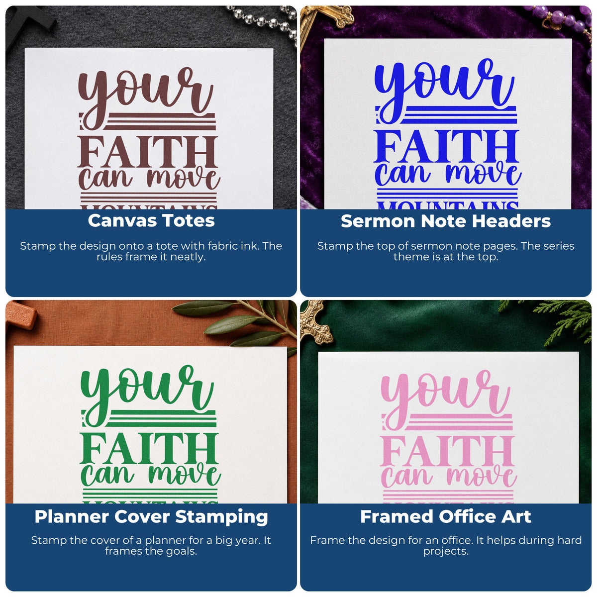Four ways to use the Your Faith Moves Mountains Lined Lettering Stamp – Duo Hand: canvas totes, sermon note headers, planner cover stamping and framed office art.
