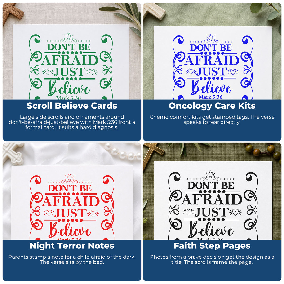 Four ways to use the Don't Be Afraid Scroll Frame Premium Wooden Stamp - Vintage Pro: scroll believe cards, oncology care kits, night terror notes and faith step pages.