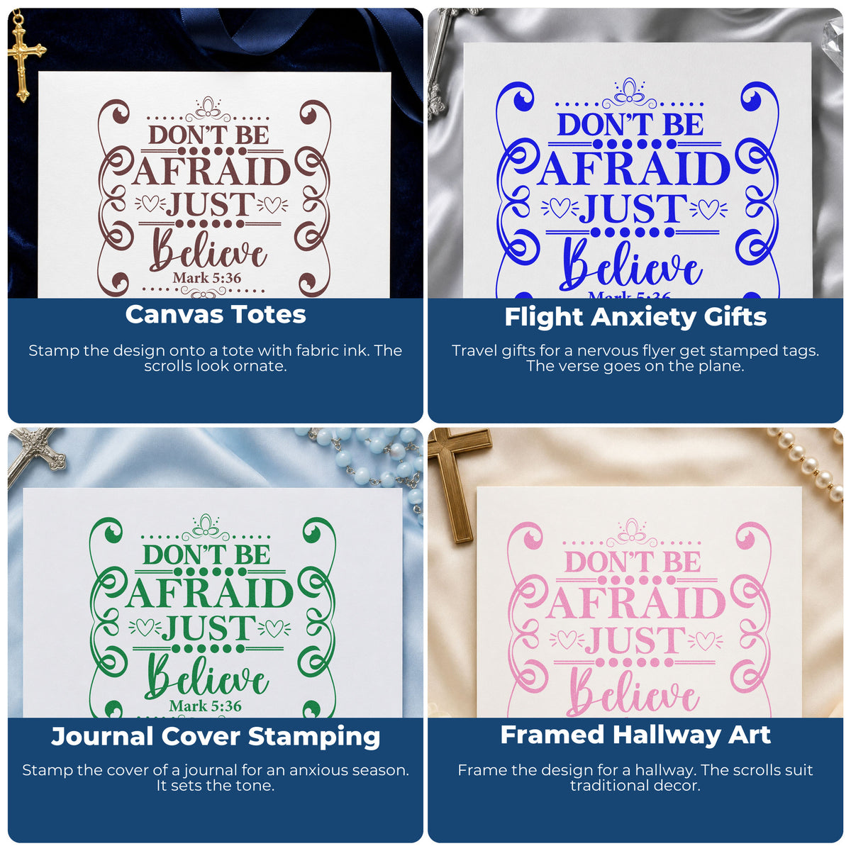 Four ways to use the Don't Be Afraid Scroll Frame Self-Inking Stamp: canvas totes, flight anxiety gifts, journal cover stamping and framed hallway art.