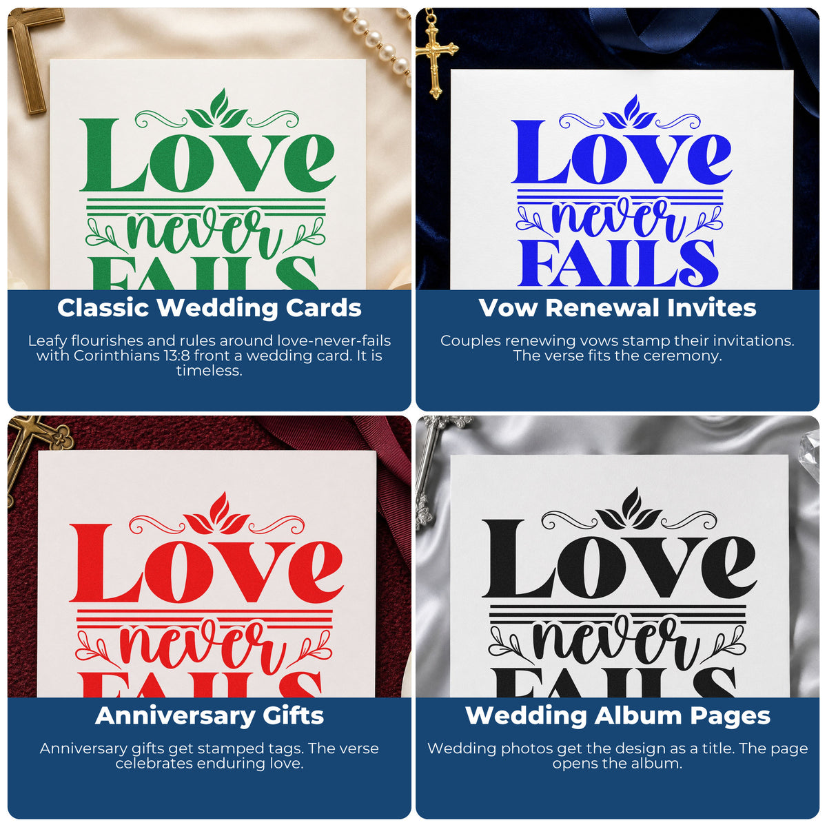 Four ways to use the Love Never Fails Premium Wooden Stamp - Vintage Pro: classic wedding cards, vow renewal invites, anniversary gifts and wedding album pages.