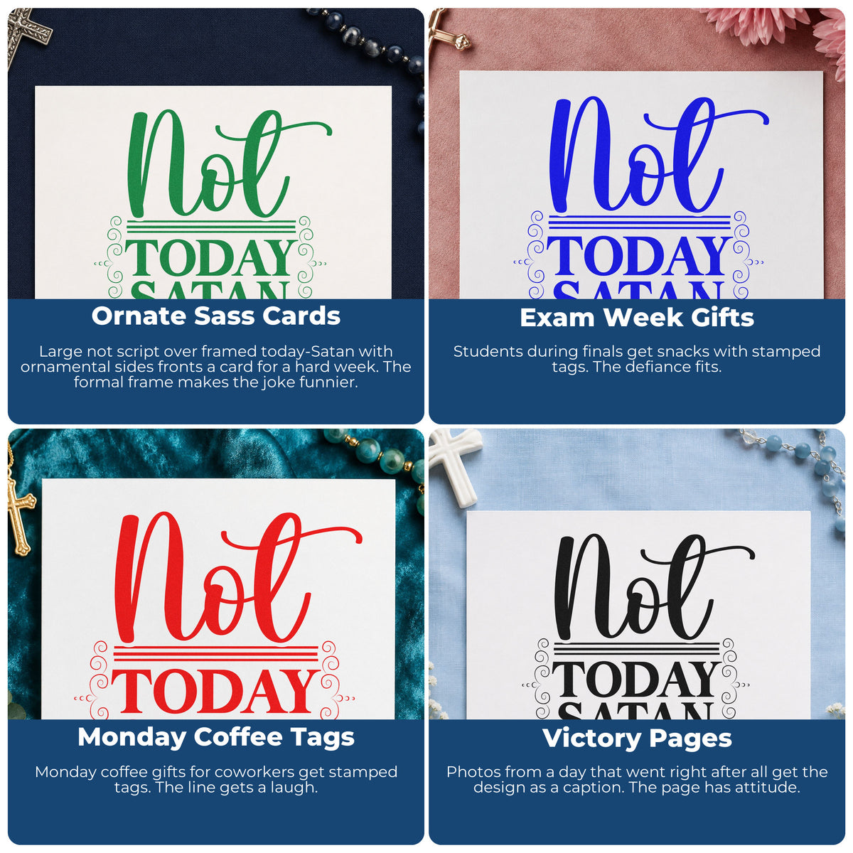 Four ways to use the Not Today Satan Ornamental Frame Accent Stamp - Premium Vintage Pro Wooden: ornate sass cards, exam week gifts, monday coffee tags and victory pages.